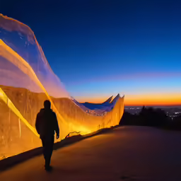 a man is walking past a huge wall that is lit up