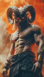 the ancient warrior has big horns and a huge grin