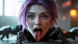 a woman with pink hair and red eyes is on the ground