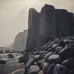 a rocky beach with large rocks around it