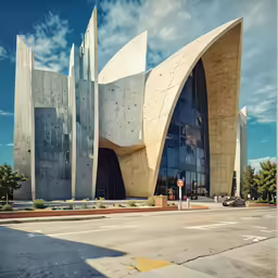 a building with large windows on top and a street sign in front