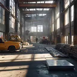 some construction equipment and workers inside an industrial area