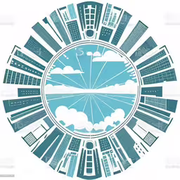 a circular design with skyscrapers and clouds in blue,an illustration of the world map of europe royalty