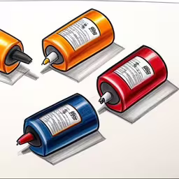 four different colors of cans with ink coming out the lids,three markers are sticking into two cylinders,colored inked paper rolls are lined up next to each other,three different colored pencils on white paper,the four colors of lipstick are next to each other