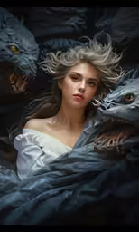 a girl under a blanket with an evil beast next to her