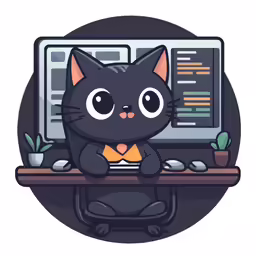 a cute black cat sitting at a computer