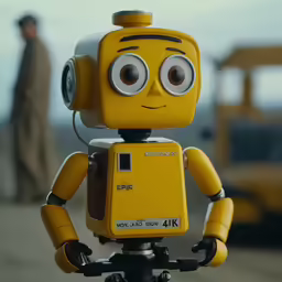 a yellow robot that is standing in the street