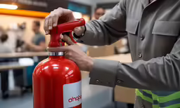 a man in grey jacket holding a fire extinguisher