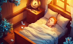 a boy is laying in his bed with his head turned to the side