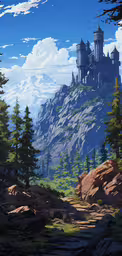 a drawing of a castle atop a cliff, surrounded by trees,a castle stands on the edge of a cliff with trees