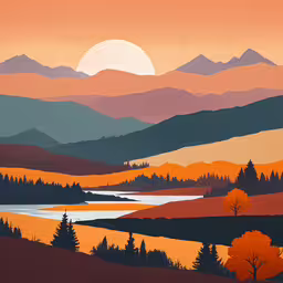 a painting of mountains and trees with the sunset in the background,an image of a very colorful sunset that is over a lake