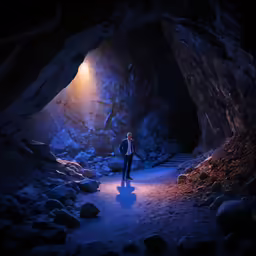 a person in black suit walking down a dark tunnel