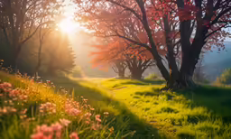 some trees and some flowers on a sunny day