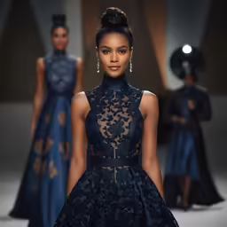 two models wearing blue dresses and evening gowns