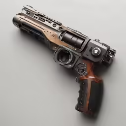 a gun on a grey surface is seen from above