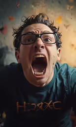 a man in glasses yelling at something