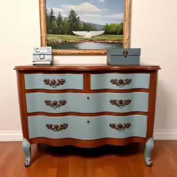 an old chest of drawers sitting in front of a painting