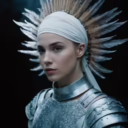 a woman wearing a metal armor with feathers