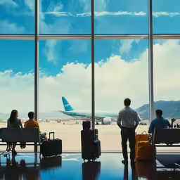 passengers are watching an airplane sit on the runway
