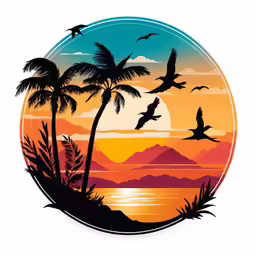 the silhouette of a tropical sunset with birds