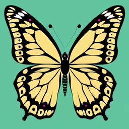 the butterfly has four dots on its wings,a yellow butterfly is on a teal blue surface