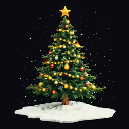 christmas tree with ornaments in snow on black background