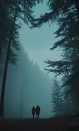 two people in a foggy forest stand looking at the ground