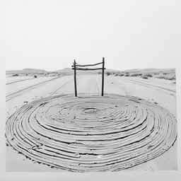 a black and white photo of a circle of tracks