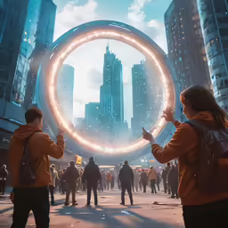 two people hold up lights to light up a giant circle