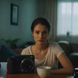 the woman in white shirt is taking a photo with her camera