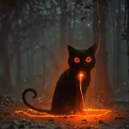 an artistic black cat with bright glowing eyes sitting in the woods