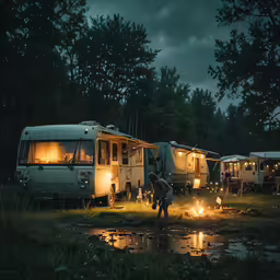 two people standing next to their campers at night