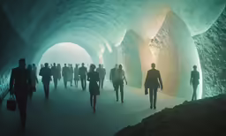 people walk through a tunnel made of concrete