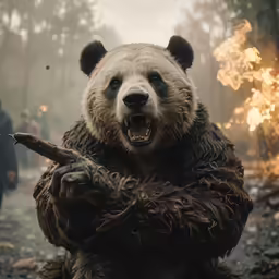 a bear dressed as a forest guard holding a stick