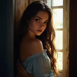 a young woman is posing near the window