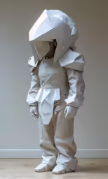 a small child wearing a paper suit with white sheets of paper