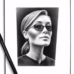 a black and white photo of a woman with glasses