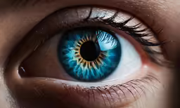 closeup of a blue human eye looking into the distance