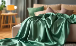 a large green blanket on top of a beige couch