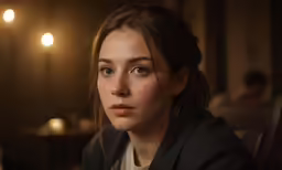 a woman looking at the camera while sitting in a chair