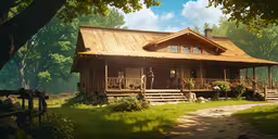 there is a cabin that is in the woods,a building is shown in the foreground with tall trees
