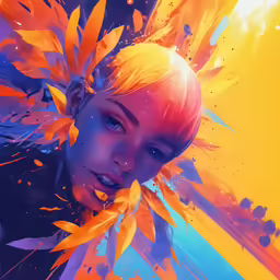 a woman with yellow hair with orange flowers around her neck