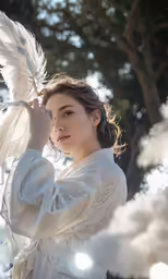 a woman in white holding a white feather