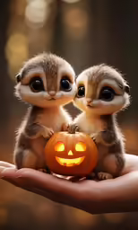 two baby brown and white mice sitting in front of a carved jack - o - lantern