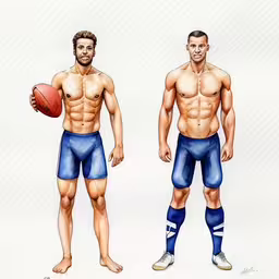two men are posing for a body scan with ball in their hands,two drawings of a man with a football in his left hand and in the right,a man in different sports apparel holding a football,a drawing of two male athlete