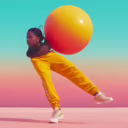 a woman is balancing an orange ball on her head