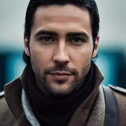 man with serious look wearing jacket and scarf