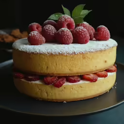some sugar on top of a cake and some raspberries