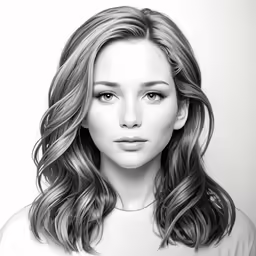 a black and white drawing of a woman with long hair