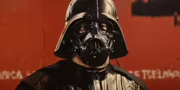 a man with a helmet on a red wall